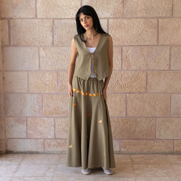 KUVRD Olive Tatreez Vest, side view