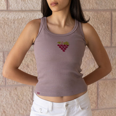 KUVRD lilac Enab Tatreez Tank with hand-stitched grape-motif Palestinian embroidery