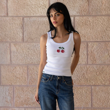 KUVRD Karaz Tatreez Tank with hand-stitched cherry-motif Palestinian embroidery