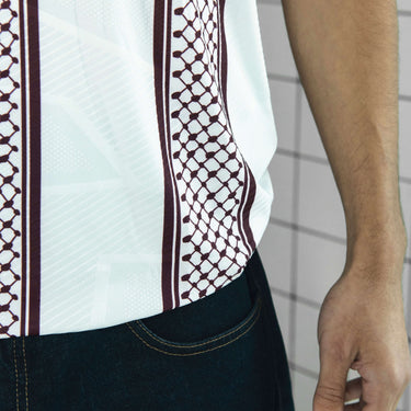 Close-up view of the KUVRD X FC Palestina Freedom Club Jersey showcasing intricate design elements.