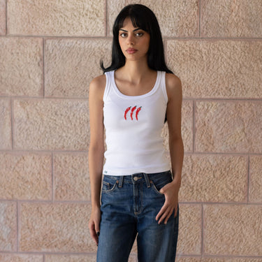 KUVRD Filfil Tatreez Tank with hand-stitched pepper-motif Palestinian embroidery