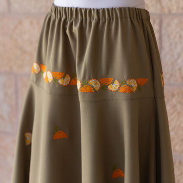 KUVRD Jaffa Orange Tatreez Skirt, side styling detail