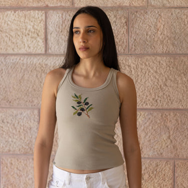 KUVRD Zaytoun Tatreez Tank with hand-stitched olive-motif Palestinian embroidery