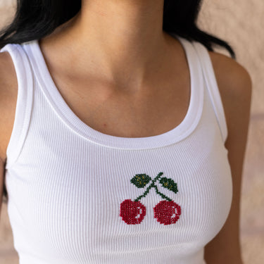 Model wearing the KUVRD Karaz Tatreez Tank, front view