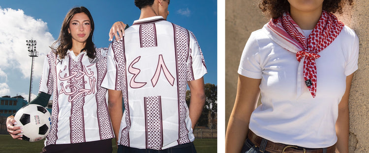 Three people wearing patterned shirts with Arabic text in an outdoor setting.